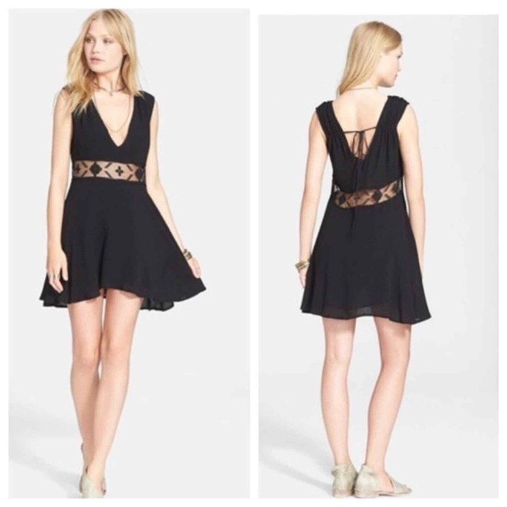 Free People Mini Lace Waist Inset Dress Gauze Layered Black Small
